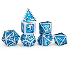Solid Metal Draconis Dice set - Silver w/ Blue