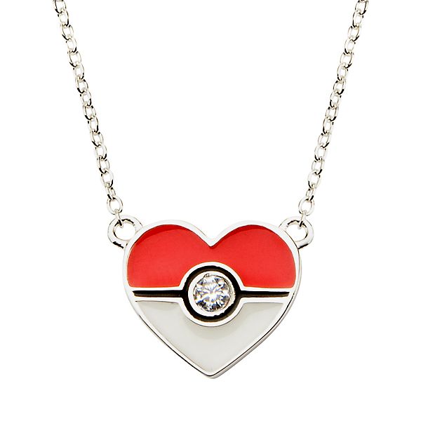 Pokeball Sterling Silver Heart Pendant 18 Chain Necklace