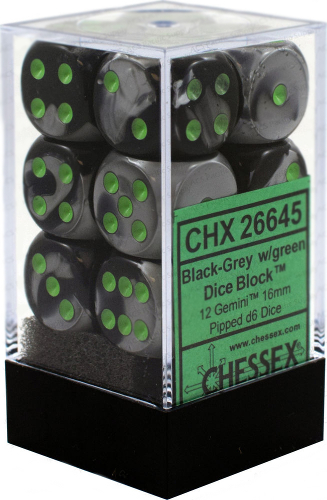 Chessex Dice d6 Sets Gemini Black & Gray W/ Green 16mm Six Sided Die CHX 26645 