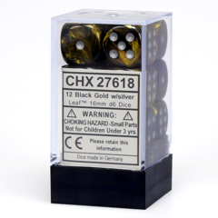 Chessex Dice CHX 27618 Leaf 16mm D6 Black Gold w/ Silver Set of 12