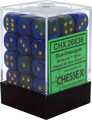 Chessex Black Blue with Gold 36 Gemini 12mm Pipped Dice CHX 26835 