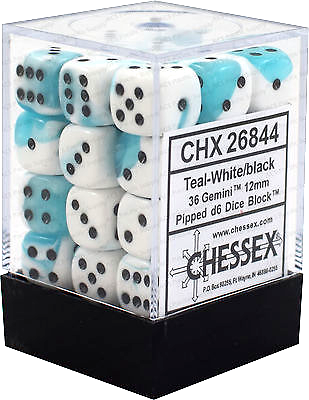 36 Chessex Dice d6 Sets 12mm Teal with White Translucent 