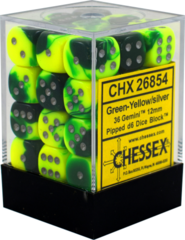 Chessex Dice CHX 26854 Gemini 12mm D6 Green-Yellow w/ Silver Set of 36