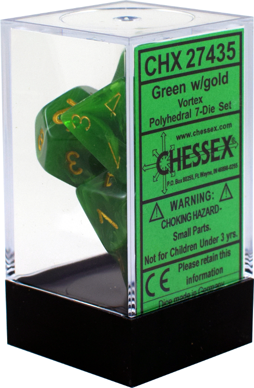 Chessex Polyhedral 7 Die Vortex Green w/ Gold Numbers Dice CHX 27435 
