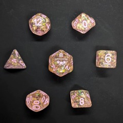 Pixie's Promise - Light Pink with Foil Inclusions and Pink Numbers Dice Set