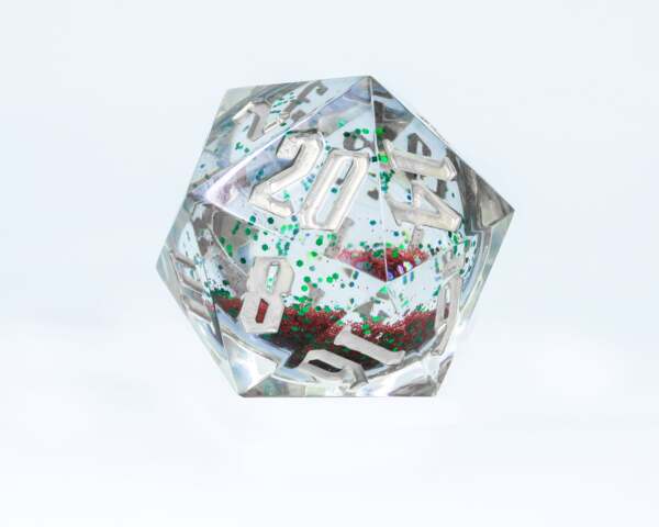 Sirius Dice Set - Snow Globe 54mm D20 Silver Ink Red and Green Glitter Silver Snowflakes