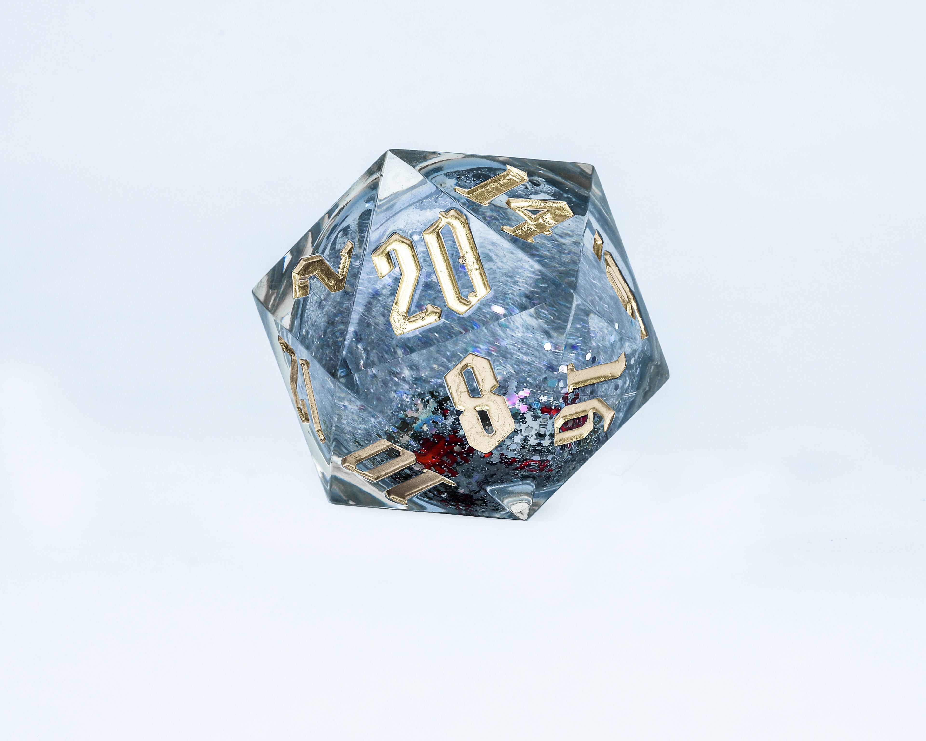 Sirius Dice Set - Snow Globe 54mm D20 Gold Ink Silver Glitter Red and Green Snowflakes
