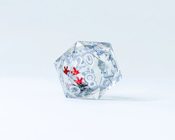 Sirius Dice Set - Snow Globe 22mm Sharp Edged D20 Silver Ink Silver Glitter Silver Green and Red Snowflakes