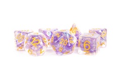Metallic Dice: 16mm Resin Poly Dice Set - Purple with Gold Numbers