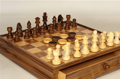 Combo Set: Wood Inlaid Chest/Chessman W/Checkers