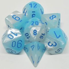 POLYHEDRAL 7-DICE SET - LUMINARY EFFECT GLOW IN THE DARK - GEMINI - PEARL TURQUOISE-WHITE/BLUE