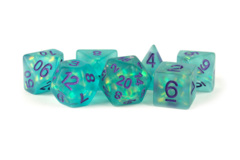Icy Opal 16mm Resin Poly Dice Set: Teal with Purple Numbers