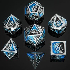 Solid Metal Dragon Dice Set: Silver w/ Blue & Black
