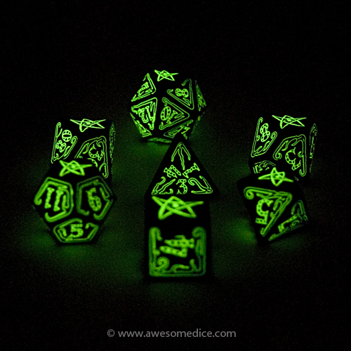 Call of cthulhu black and green dice set of 7 Call Of Cthulhu Dice Set Green Glowndark Dice Counters Dice Sets Lake Geneva Games