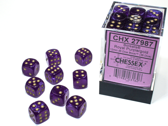 CHX 27987 Borealis Royal Purple/Gold 12mm d6 Dice Block (36 dice)
