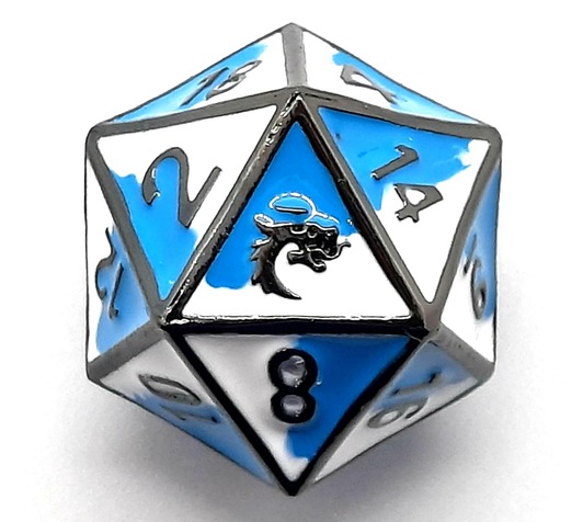 Dragon Forged Blue and White w/Black Nickel Metal Polyhedral Single D20
