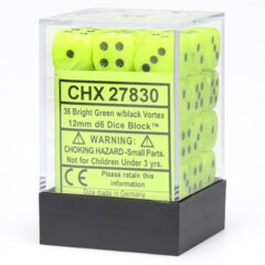 36 12mm Bright Green w/Black Vortex D6 Dice - CHX27830