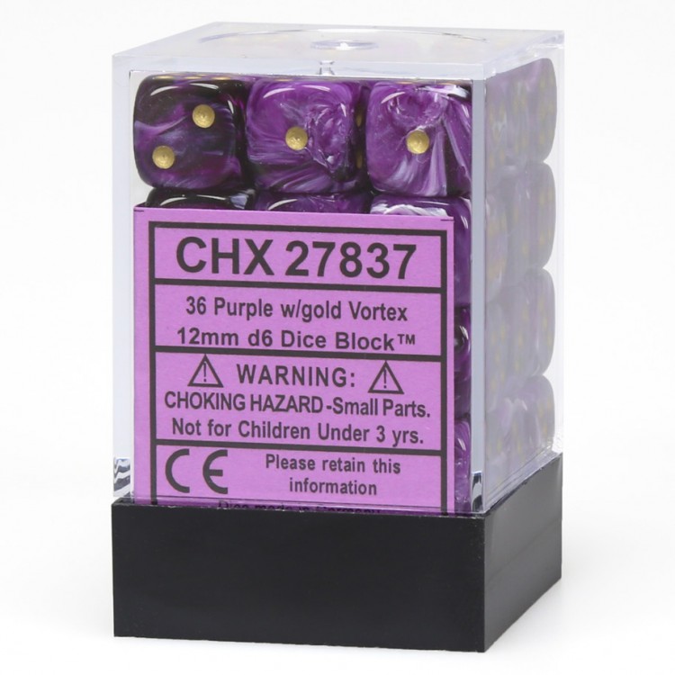 CHX27837 36 Purple w/ Gold Vortex 12mm D6 Dice Block