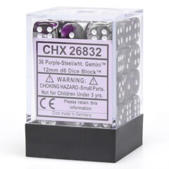CHX26832 36 Purple-Steel w/White Gemini 12mm D6 Dice Block