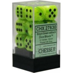 CHX27630 12 16mm Bright Green w/Black Vortex D6 Dice