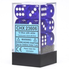 12 16mm Blue w/White Translucent D6 Dice Set - CHX23606