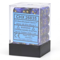 CHX26835 36 Black-Blue w/ Gold Gemini 12mm D6 Dice Block