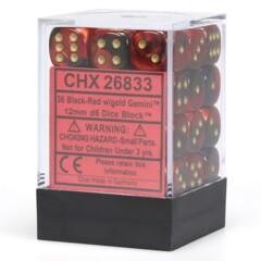 CHX26833 36 Black-Red w/ Gold Gemini 12mm D6 Dice Block