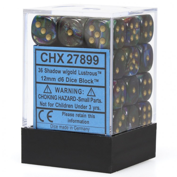CHX27899 36 Shadow w/Gold Lustrous 12mm D6 Dice Block