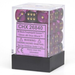 CHX26840 36 Black/Purple w/Gold Gemini 12mm D6 Dice Block