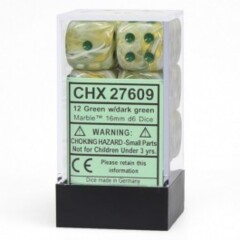 CHX27609 12 16mm Green w/Dark Green Marble D6 Dice