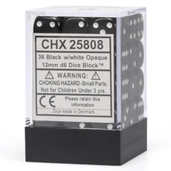 36 12mm Black w/White Opaque D6 Dice - CHX25808