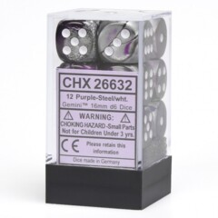 CHX26632 12 Purple-Steel w/White 16mm D6 Dice Block