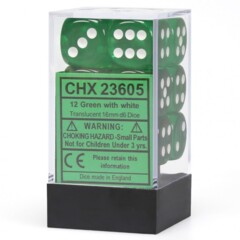 12 16mm Green w/White Translucent D6 Dice Set - CHX23605