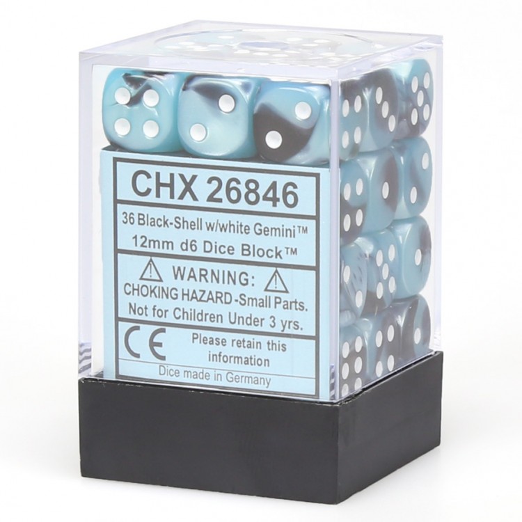 36 Black-Shell w/White Gemini 12mm D6 Dice Block - CHX26846