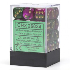 CHX26834 36 Green/Purple w/Gold Gemini 12mm D6 Dice Block