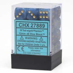 CHX27889 36 Teal w/ Gold Phantom 12mm D6 Dice Block