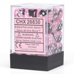 36 12mm Black/Pink w/White Gemini D6 Dice - CHX26830