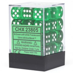 CHX23805 36 Green w/ White Translucent 12mm D6 Dice Block