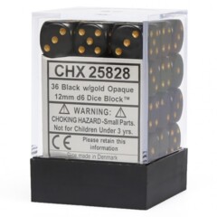 36 12mm Black w/Gold Opaque D6 Dice - CHX25828