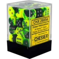 CHX26854 - Green-Yellow w/Silver Gemini 12mm D6 Dice Block
