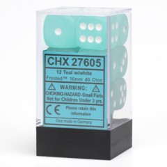 CHX27605 12 Teal w/ White 16mm D6 Dice Block