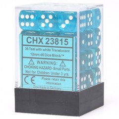 CHX23815 36 Teal w/ White Translucent 12mm D6 Dice Block
