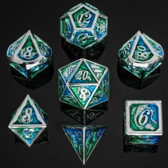 Solid Metal Dragon Polyhedral Dice Set - Silver with Green and Blue