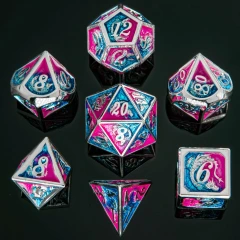 Solid Metal Dragon Polyhedral Dice Set - Silver with Pink and Blue