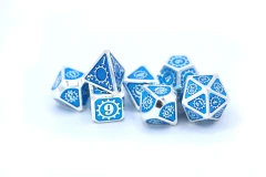 Silver with Sky Blue Enamel Solid Metal Gears of Providence Polyhedral Dice Set