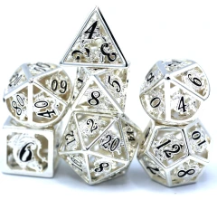 Shiny Silver With Black Enamel Hollow Metal Dragon Polyhedral Dice Set