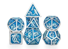 Silver with Blue Enamel Solid Metal Dragon Polyhedral Dice Set