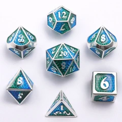 Solid Metal Mini Behemoth Dice set - Silver with Green and Blue Enamel
