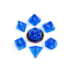7 COUNT DICE POLY SET 16MM: STARDUST: BLUE W/ SILVER NUMBERS