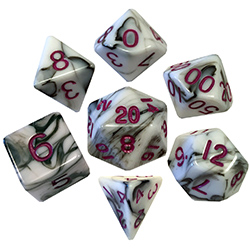 7 COUNT DICE POLY SET: 16MM MARBLE WITH PURPLE NUMBERS